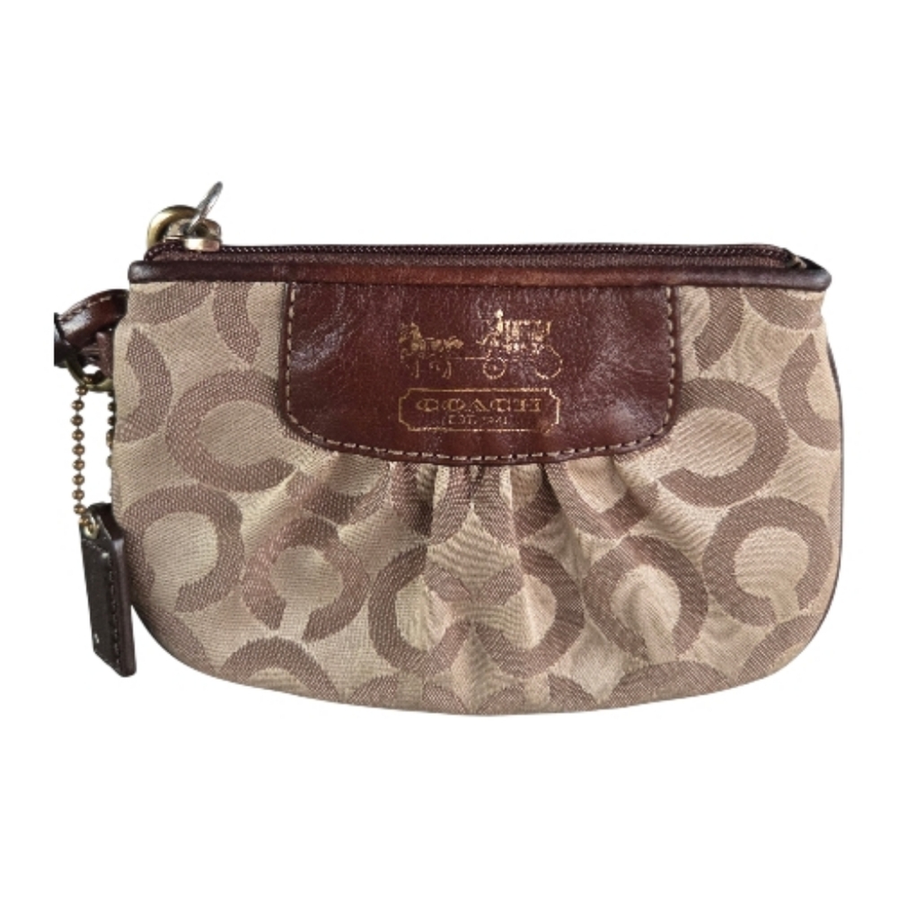 Coach Brown and Tan Signature Pleated Mini Skinny Wristlet Wallet with Bag Charm